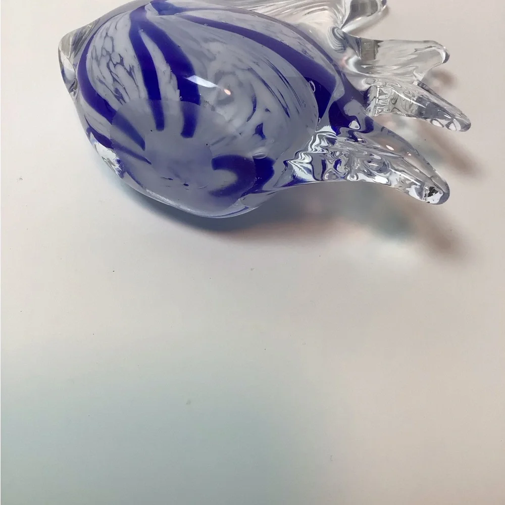 Vintage Murano Style Blue White Striped Glass Angelfish Paperweight Figurine